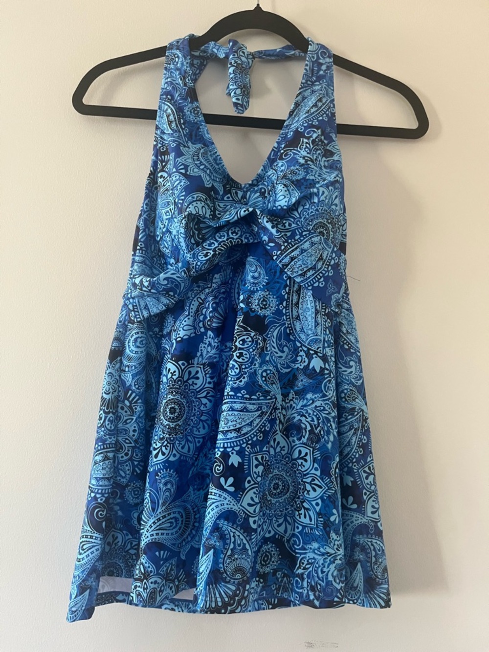 Blue Paisley Tankini Swim Top Halter Medium Tummy Control Swimsuit Boho NWT